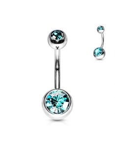   Orvosi acél kétköves köldök piercing, türkiz cirkon kövekkel