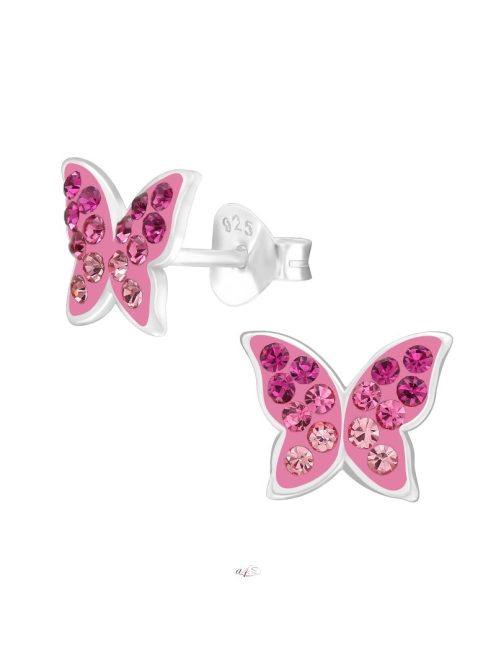 Pink pillangó ezüst fülbevaló kristályokkal 