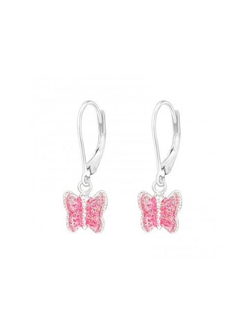 Pink pillangó ezüst akasztós fülbevaló  glitterrel