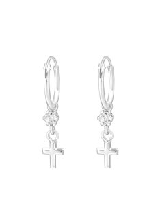 Ezüst karika fülbevaló kereszttel és kristállyal